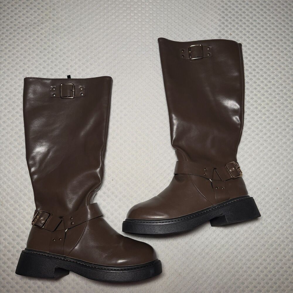 Brown Faux Leather Gold Buckle Boots